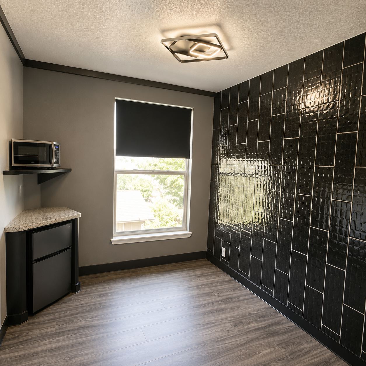 Compact studio with kitchenette, mini-fridge, and window